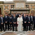 Pope Francis posing with members and players of the Juventus and Lazio teams at the end of an audience with Juventus and Lazio players on the eve of the Tim Cup final