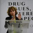 Agnes Callamard, the UN special rapporteur on extrajudicial killings, addresses a narcotics forum at a state-run university in Manila on May 5, 2017