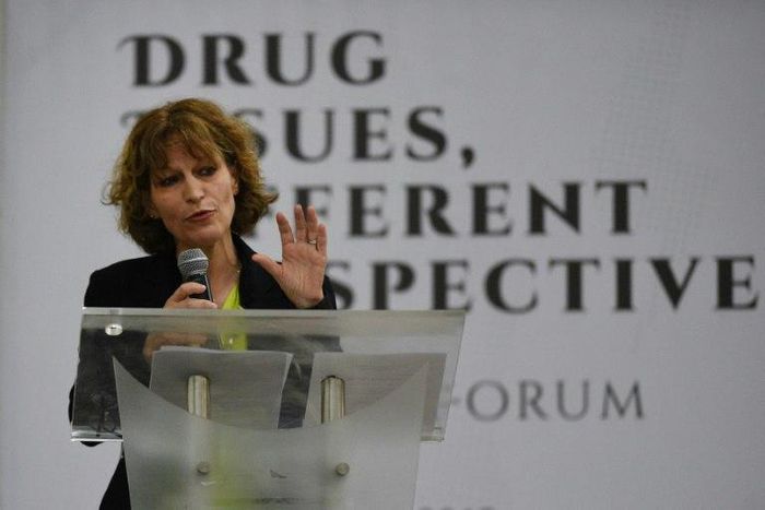 Agnes Callamard, the UN special rapporteur on extrajudicial killings, addresses a narcotics forum at a state-run university in Manila on May 5, 2017