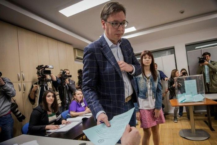Aleksandar Vucic casting his vote on Sunday in the first round of Serbia's presidential election