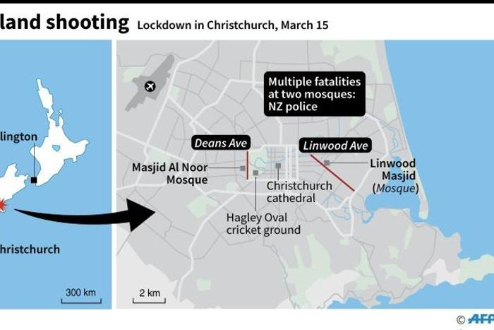 Map of Christchurch, New Zealand, showing Deans Ave and Linwood Ave where NZ police have reported 'multiple fatalities' at two mosques