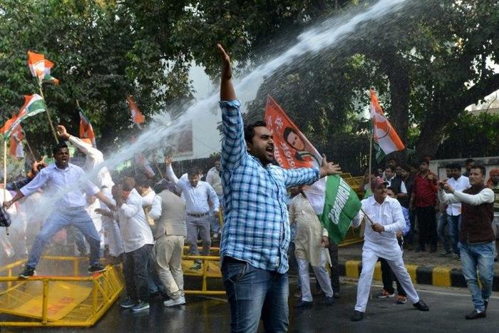 The Indian Youth Congress demonstrates against the government at Delhi, India's Jantar Mantar protest site
