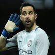Manchester City's Chilean goalkeeper Claudio Bravo gestures to Huddersfield fans after Manchester City scores their fifth goal on March 1, 2017