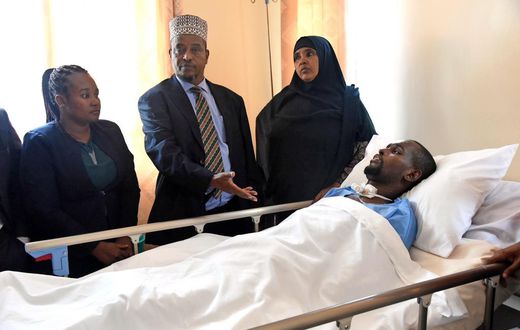 Former Garissa County finance executive Idriss Mukhtar’s parents, Aden Mukhtar and Ijab Aden, with lawyer Lynn Owano  (Daily Nation)