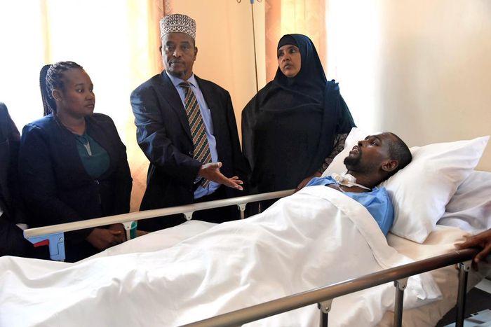 Former Garissa County finance executive Idriss Mukhtar’s parents, Aden Mukhtar and Ijab Aden, with lawyer Lynn Owano  (Daily Nation)