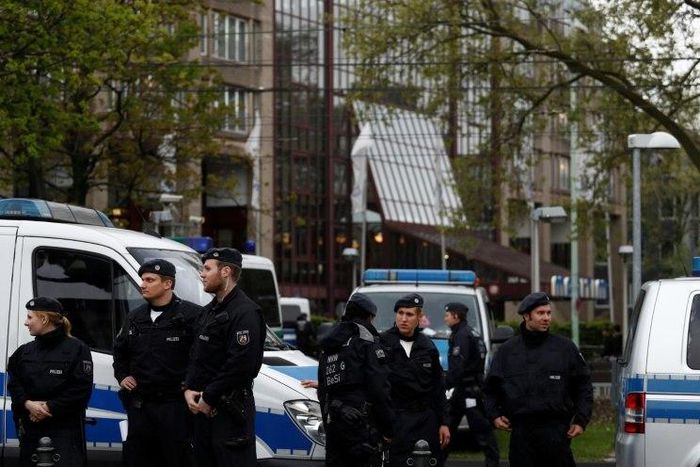 Police set up a cordon outside the Maritim Hotel, the venue of the party congress of Germany's right-wing populist Alternative for Germany (AfD) in Cologne on April 21, 2017