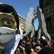 Protesters march outside the Federal Building during a "Save the Affordable Care Act" (Obamacare) rally in Los Angeles