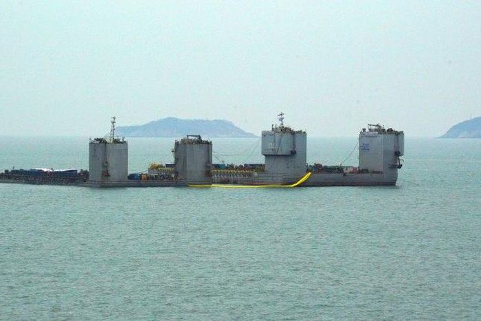 Barges during a salvage project to bring the sunken Sewol ferry back to surface in the sea off the southwestern island of Jindo