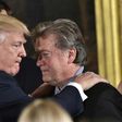 US President Donald Trump (left) congratulates Steve Bannon during a ceremony at the White House in January 2017