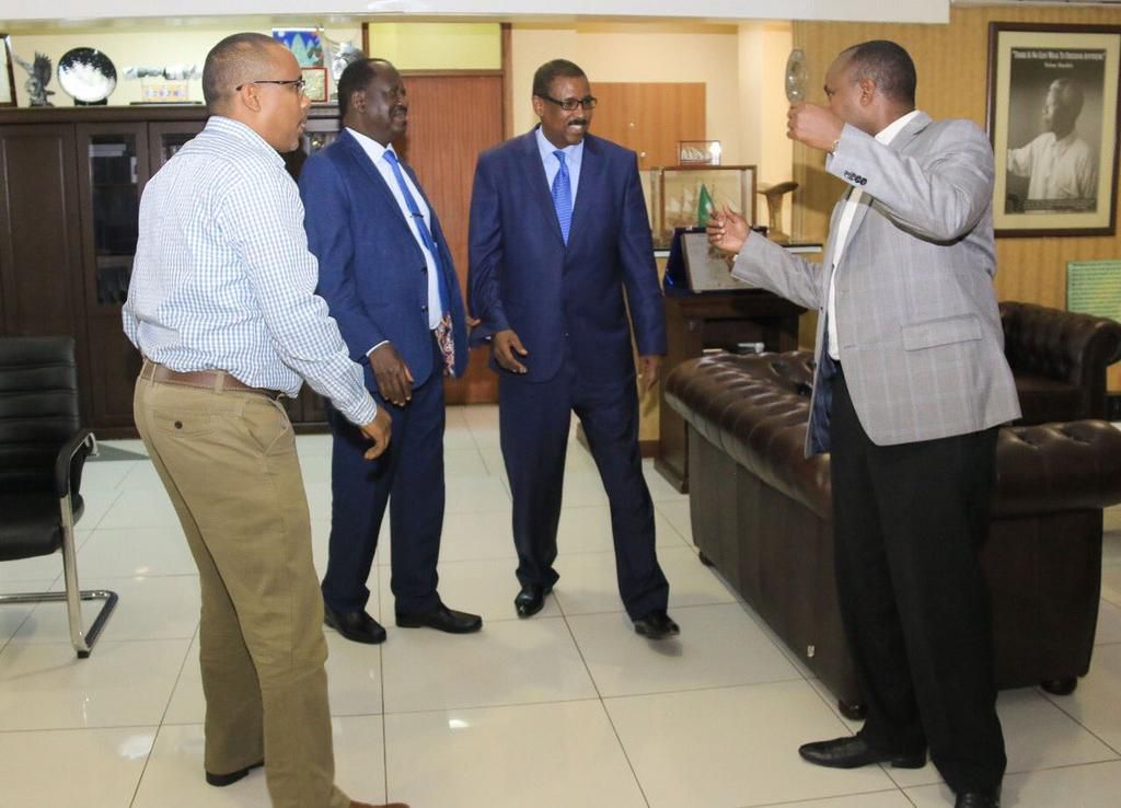 ODM party leader Raila Odinga with MP Junet and Prof. Mohammed Yussuf Elmi who will vie in the Wajir West by-election (Tweet)
