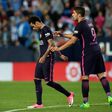Barcelona's Brazilian forward Neymar da Silva (L) walks off the pitch during the Spanish league football match Malaga CF vs FC Barcelona at La Rosaleda stadium in Malaga on April 8, 2017