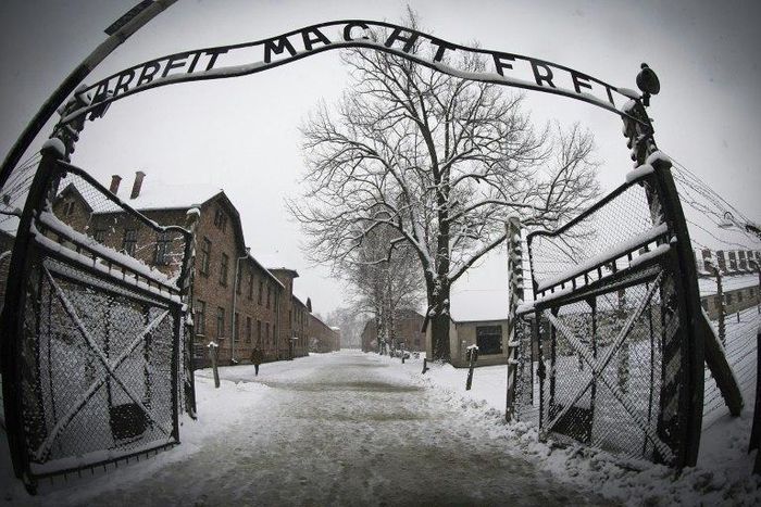 A group of seven men and four women -- Poles, Belarussians and one German -- carried out the unprecedented stunt in front of Auschwitz's infamous "Arbeit macht frei" gate, where they draped a white banner with "love" written in red