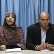 Yemeni journalist and Nobel Peace Prize laureate Tawakkol Karman speaks next to former interim Tunisian president Moncef Marzouki (R) in Geneva on March 2, 2017