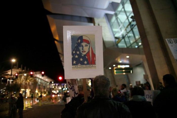 Protesters chant during a rally against the travel ban at San Diego International Airport on March 6, 2017 in San Diego, California