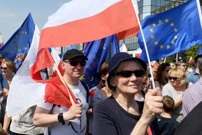 Demonstrators protest Poland's rightwing nationalist Law and Justice (PiS) government over alleged rule of law violations during a “Freedom March” in Warsaw, on May 6, 2017