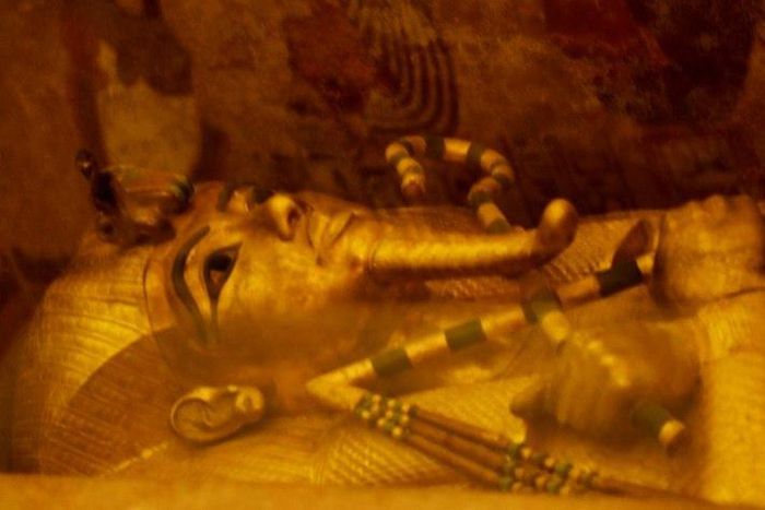 A picture taken on April 1, 2016, shows the golden sarcophagus of King Tutankhamun displayed in his burial chamber in the Valley of the Kings, close to Luxor