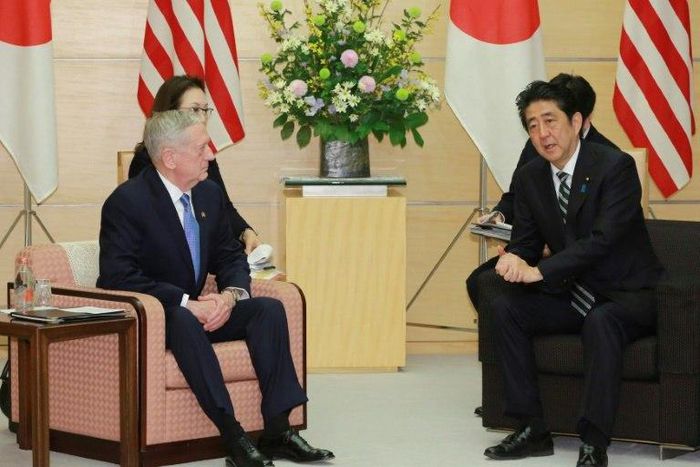 James Mattis (left) meets Shinzo Abe at the prime minister's office in Tokyo on February 3, 2017