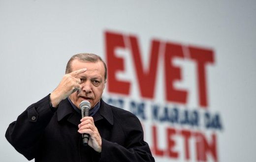 Turkish President Recep Tayyip Erdogan delivers a speech on April 8, 2017 during a campaign rally for the "yes" vote in a constitutional referendum in Istanbul