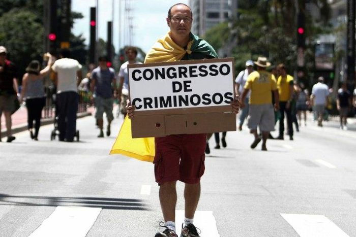 Demonstrators in Sao Paulo, Brazil march in support of investigations into a sprawling corruption scheme centered on state oil company Petrobras