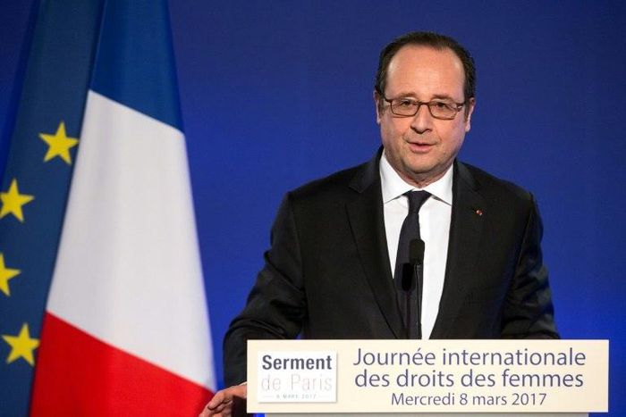 French President Francois Hollande delivers a speech during a meeting as part of the 40th International Women's Day on March 8, 2017, at the French Foreign Affairs Ministry in Paris