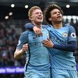 Manchester City's Kevin De Bruyne (L) celebrates after scoring a goal during their English Premier League match against Crystal Palace, at the Etihad Stadium in Manchester, on May 6, 2017