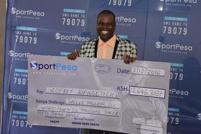 Geoffrey Kipng'etich the Sh12.6m jackpot winner when he went to receive his cheque in Nairobi on December 2, 2016.