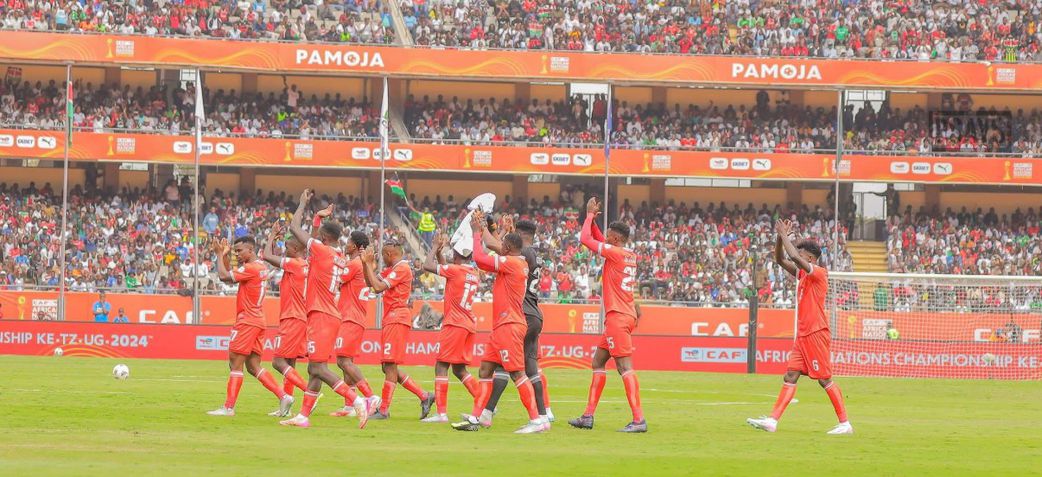 Harambee Stars players acknowledging fans following their 1-0 win over Morocco in CHAN 2024