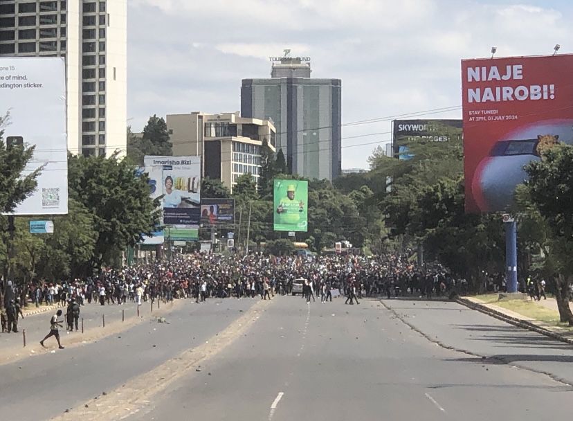 Hundreds of protesters matching during the anti-Finance Bill protests in Nairobi's Central Business District area on June 2024.