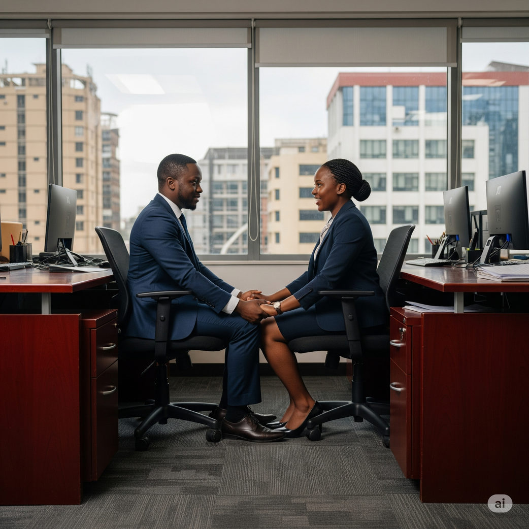 An AI-generated image of office colleagues holding hands romantically