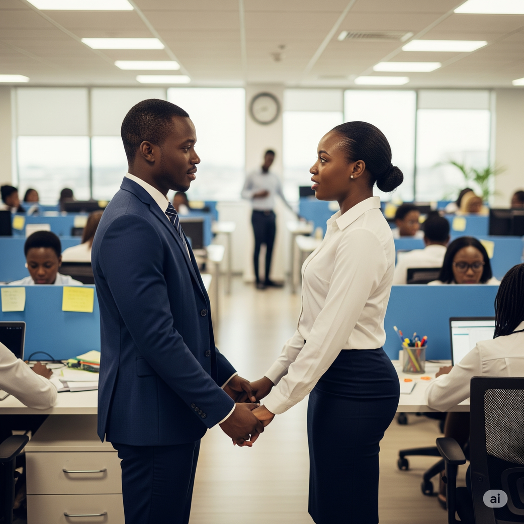An AI-generated image of office colleagues holding hands romantically