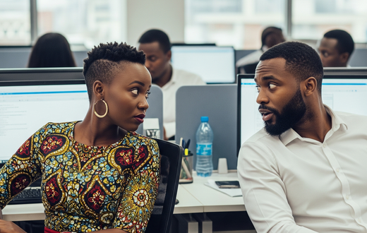 An AI generated image of office colleagues staring at each other