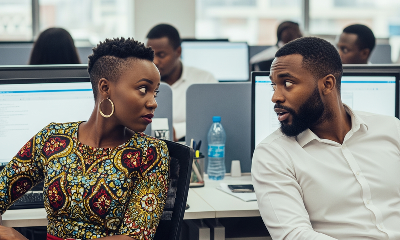 An AI generated image of office colleagues staring at each other