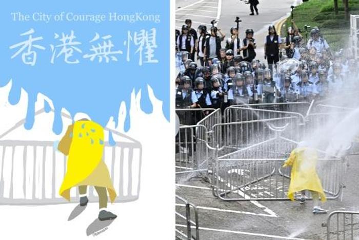 Photo of Hong Kong police using a water canon on a lone protestor went viral and was turned into a meme by Australia-based Chinese dissident artist Badiucao