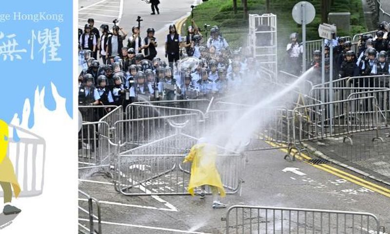 Photo of Hong Kong police using a water canon on a lone protestor went viral and was turned into a meme by Australia-based Chinese dissident artist Badiucao