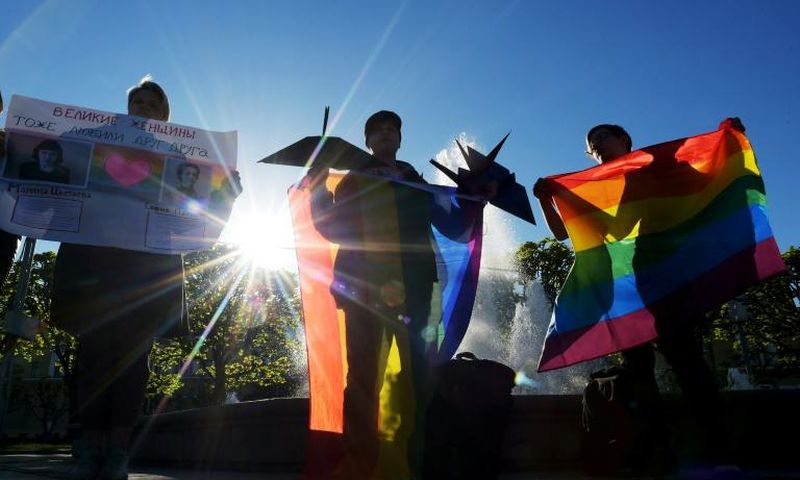 A Russian court has ruled that two popular LGBT groups be blocked for "anti-family values;" pictured are several Gay right activists on World Day Against Homophobia and Transophobia in Saint Petersburg on May 17, 2019