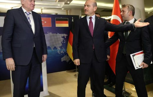 Turkey's Interior Minister Suleyman Soylu (R) and European Commissioner for Migration, Dimitris Avramopoulos meet to discuss cooperation on migration management in Ankara, Turkey, October 3, 2019
