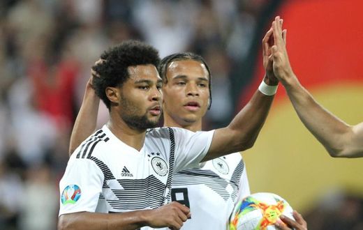 Germany winger Serge Gnabry (L) scored twice in June's 8-0 win over Estonia, but expects a tough away game in Tallinn in Sunday's Euro 2020 qualifier.