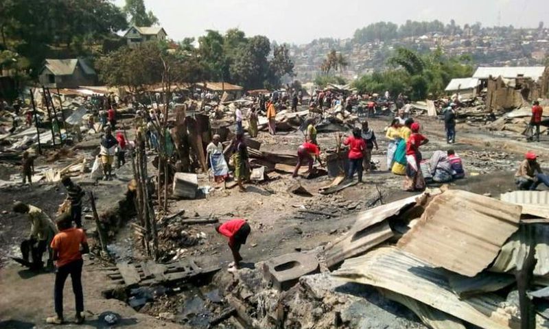 A massive fire sparked in a house where a woman fried donuts near cans of petrol, razed more than 150 homes in the eastern DR Congo, killing a seven-year-old girl.