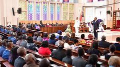 President Uhuru Kenyatta addresses the congregation during 40th commemoration of Mzee Jomo Kenyatta's death. Members of the public invited for 41st commemoration at Holy Family Basilica