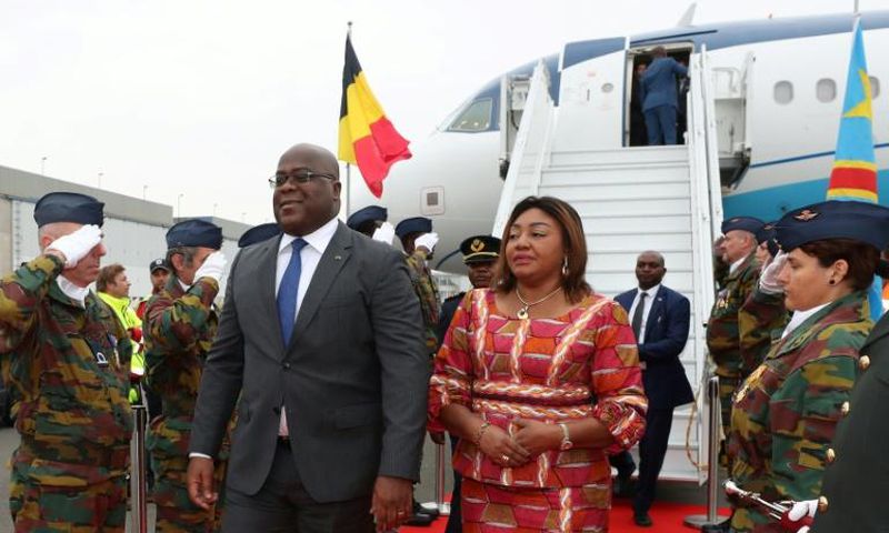 Democratic Republic of Congo's President Felix Tshisekedi and his wife Denise arrive for an official visit in Belgium at the Melsbroek military airport.