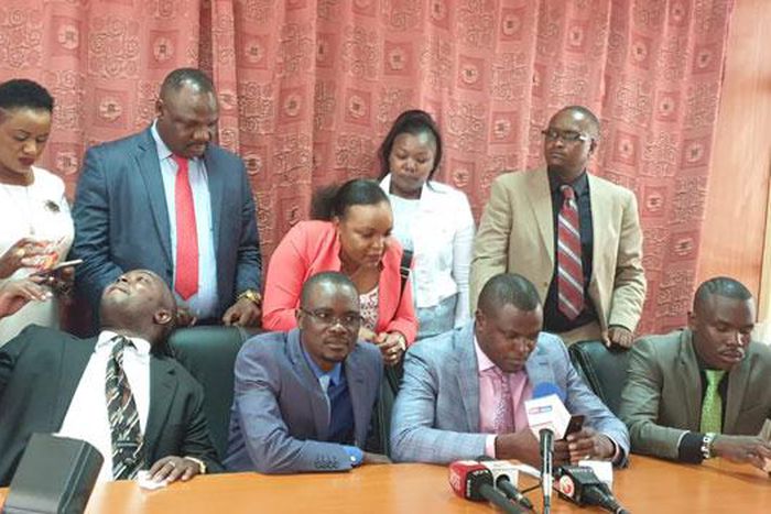 File image of Sylvanus Osoro (extreme right in a luminous green tie) and other team Tangatanga MPs addressing a press conference