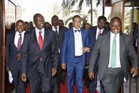 From left - Parliamentary Budget Committee chairman Kimani Ichung’wa, Deputy President William Ruto, Tourism CS Najib Balala and Treasury CS Henry Rotich arrive at KICC for public hearing of the budget making process on January 24, 2018.