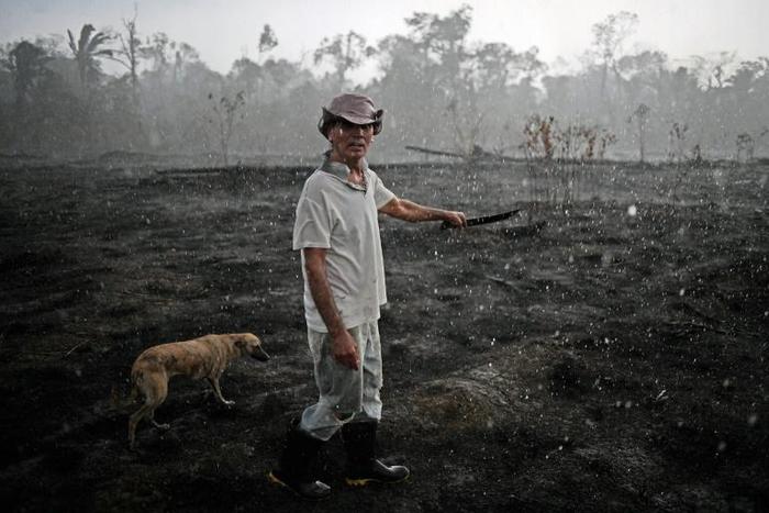 Brazilian farmer Helio Lombardo Do Santos and a dog walk through a burnt area of the Amazon rainforest, near Porto Velho, Rondonia state, Brazil, on August 26, 2019