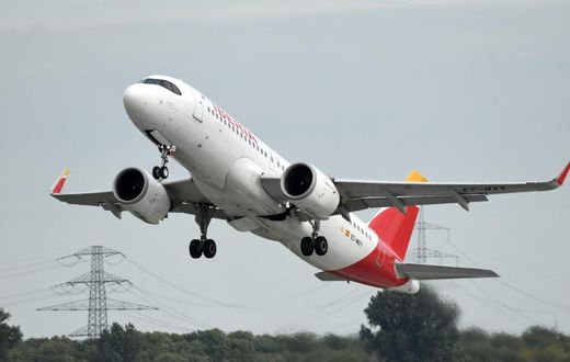 This picture shows an Airbus A-320 of the Iberia airline during take-off on September 24, 2019 at the airport in Duesseldorf, western Germany.