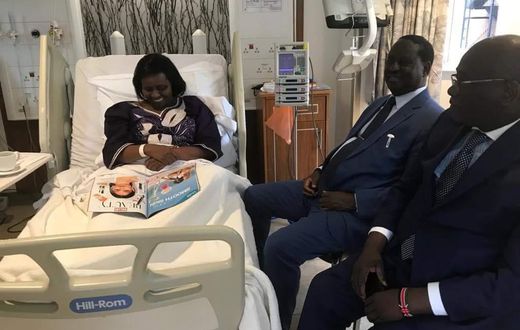 Former PM Raila Odinga visits Bomet Governor Joyce Laboso at London hospital during UK tour. Bomet Governor Joyce Laboso moved from London to India for specialized treatment