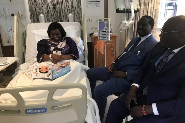 Former PM Raila Odinga visits Bomet Governor Joyce Laboso at London hospital during UK tour. Bomet Governor Joyce Laboso moved from London to India for specialized treatment