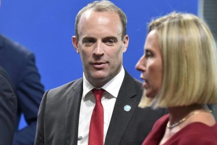 British Foreign Minister Dominic Raab (L) and EU diplomatic chief Federica Mogherini are pictured in Helsinki, Finland on August 29