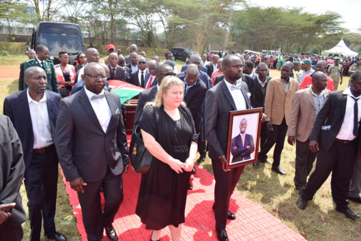 Kibra MP Ken Okoth;'s body when it arrived at Moi Girls High School for a funeral service