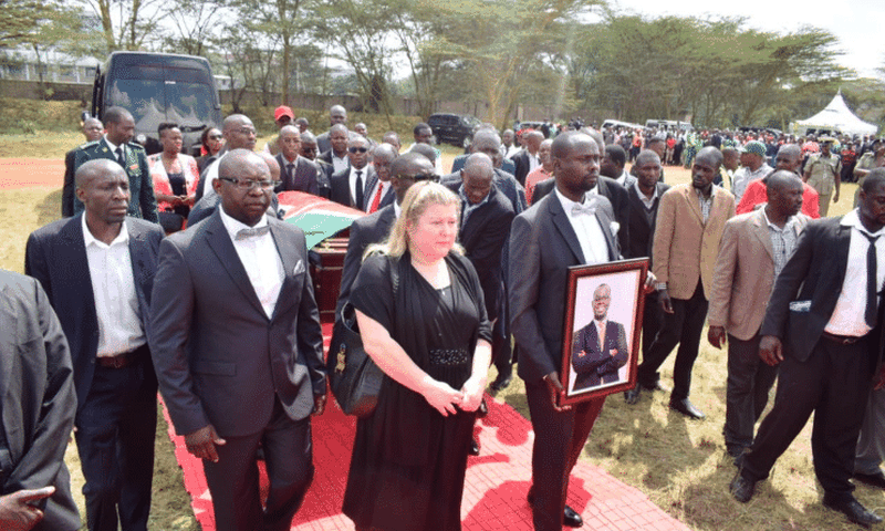 Kibra MP Ken Okoth;'s body when it arrived at Moi Girls High School for a funeral service