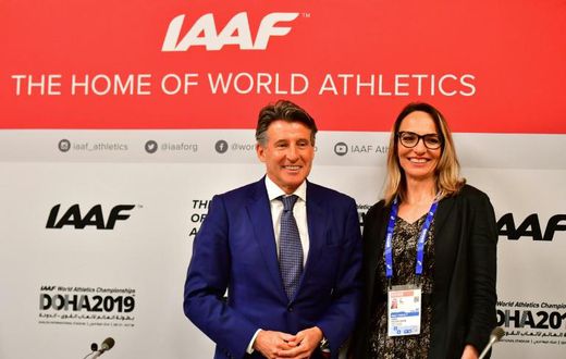 The IAAF's re-elected president Sebastian Coe poses with the athletics body's first female vice president Ximena Restrepo